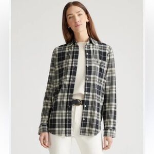 Quince Stretch Sweater Fleece Shirt, Black Cream Plaid, Size XS